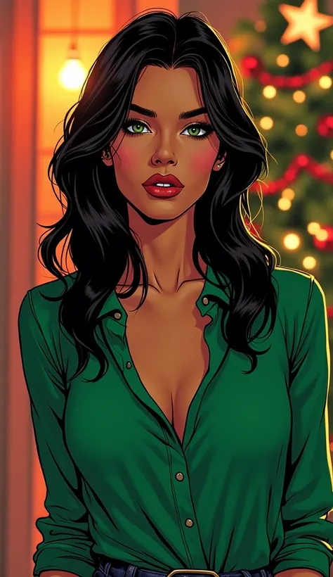 DISCREET image. with casual and elegant, discreet clothes. adult image, american woman. She is celebrating New Years Eve with a discreet green blouse. comic book style. IMAGES WITH VIBRANT COLORS. FOCUS ON THE FACE.