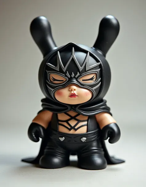 a small art toy ,  that represents a masked wrestler in wrestling,  fused with the pose of a Catholic saint , Very cute, tender and adorable,  simple and rounded shapes , color negro, gray, silver and obsidian ,  full front pose,  in the style of Joe Ledbe...