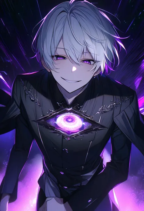 handsome, Adult, Alone, 1 male、Attractive eyes、masterpiece, Best quality,He is looking in this direction.、White hair, short hair, Dark purple eyes that glow darkly、Smiling face, Yandere, night sky background, dark atmosphere, dark lighting, crazy, Smile br...