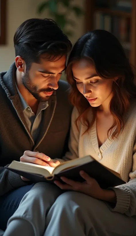 (photorealism:1.2), Two people reading the Bible.