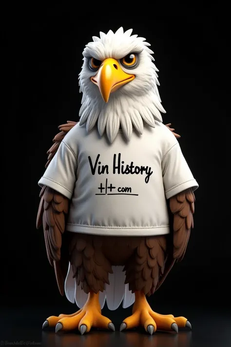 ((best quality)), ((masterpiece)), (detailed), make friendly  eagle  with white shirt name written Vin history plus.com with black background with human body animated