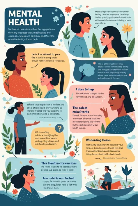 Mental health awareness poster this should include sections: on what is mental health? Causes of mental health issues. Importance of mental health and seeking for help. Use English language. Realistic pictures and more design that appealing to the eyes sa ...