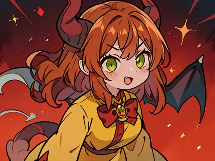 Demon woman, light-pale-skin, brown curly-hair, red bowtie, green eyes. horns, demon tail, bat wings, yellow dress with long sleeves. >:D. (anime), (devilish), (HD, 4k, best quality.)