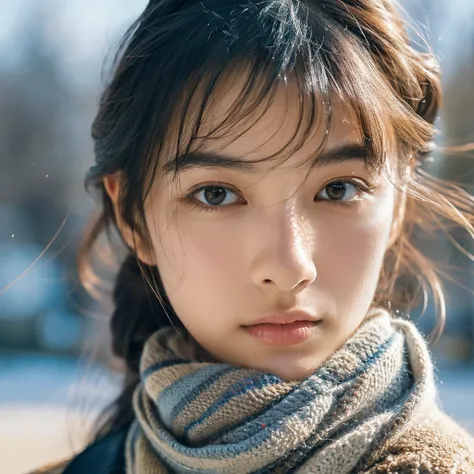 A hyper-realistic image of a single Japanese woman in her early 20s, captured with the strong nostalgic warmth and pronounced graininess of a film camera. She is dressed in winter attire, with a textured coat and scarf that convey a sense of warmth, while ...