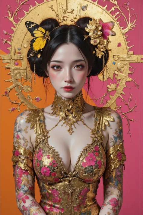 collage painting, many robot geishas, wires, buttons, circuits, vines, twigs, nature, science, dramatic, sexy, romanticism, cyberpunk, neo-classical, experimentalism, baroque, impressionism, expressionism, unexplained beauty, avant garde, art deco, art nou...