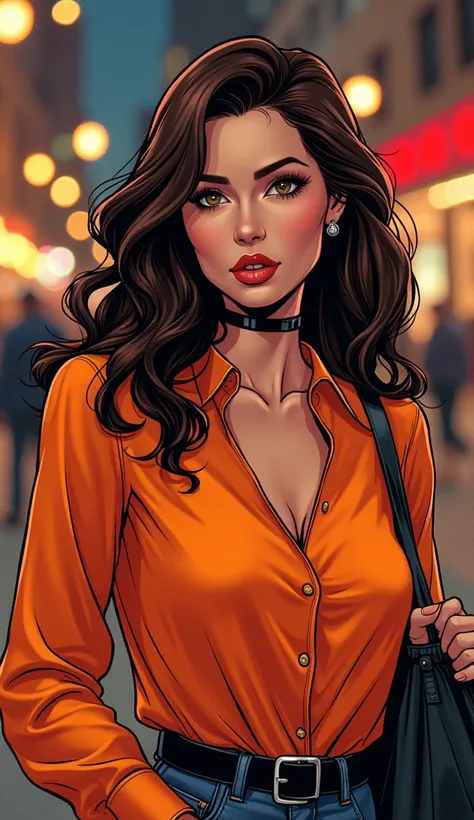 DISCREET image. with casual and elegant, discreet clothes. adult image, american woman. She is celebrating New Years Eve with a discreet orange blouse. comic book style. IMAGES WITH VIBRANT COLORS. FOCUS ON THE FACE.