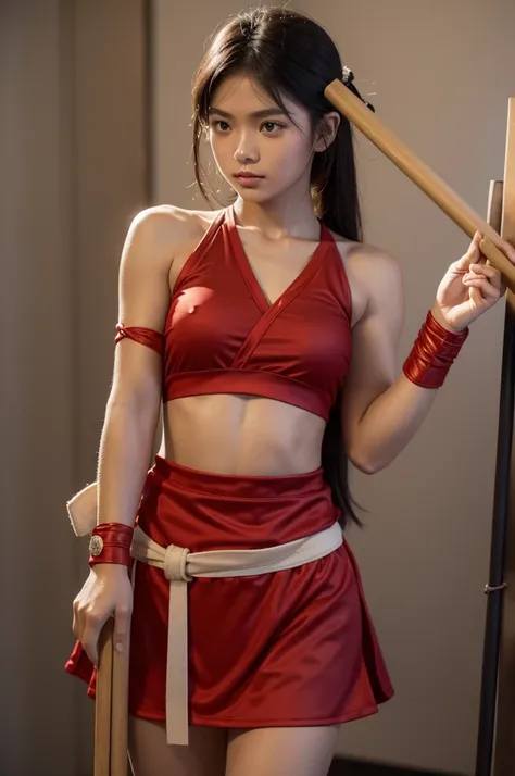 arnis costume holding 2 arnis, Filipina, small chest. the arnis should be more seen