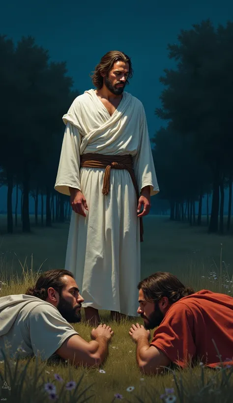  Create a young man ,  with neck-length hair, brown color, and beard ,  dressed in white robes biblical times style, standing looking and talking with an expression of disappointment at three men dressed in colored tunics style biblical times, who are lyin...