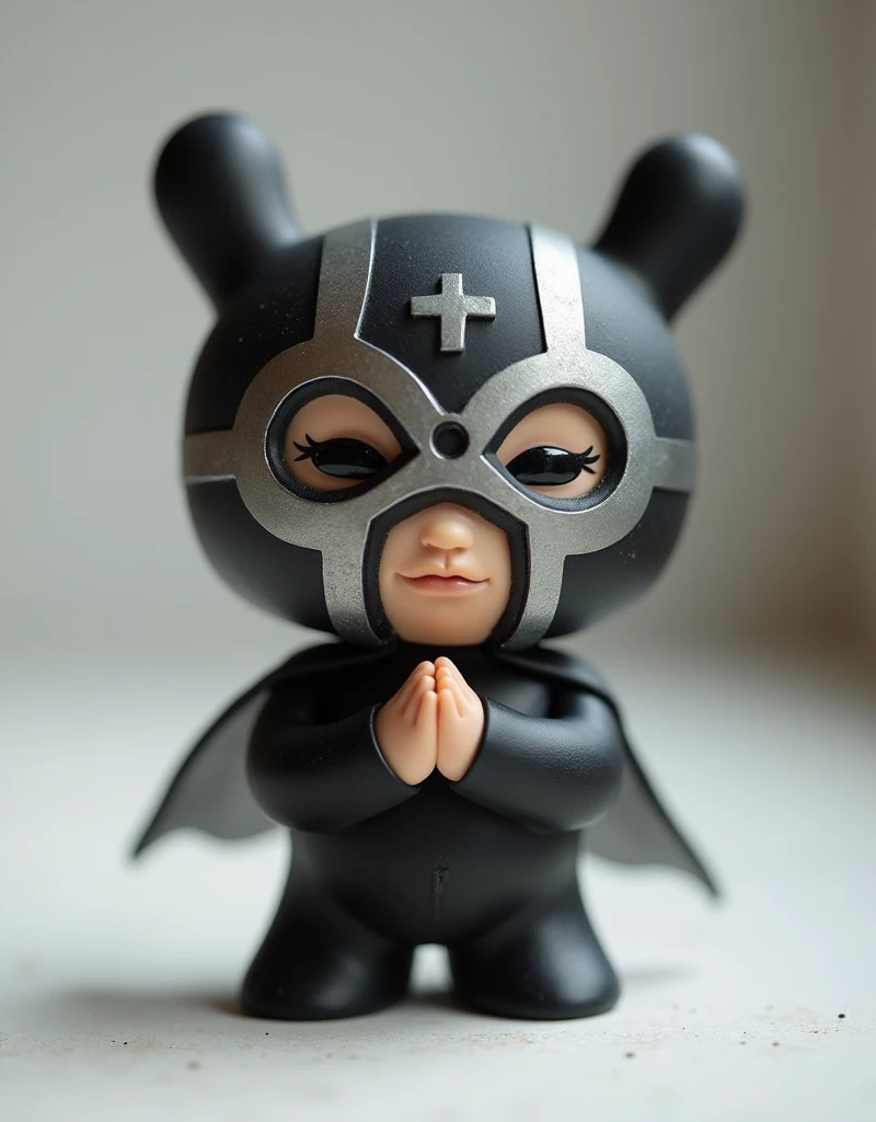 a small art toy ,  that represents a masked wrestler in wrestling,  fused with the pose of a Catholic saint , Very cute, tender and adorable,  simple and rounded shapes , color negro, gray, silver and obsidian ,  full front pose, Joe Ledbetter and Munny st...