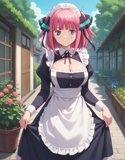 score_9, score_8_up, score_7_up, source_anime, ninonakano, nino nakano, short hair, bangs, blue eyes, hair ornament, hair ribbon, pink hair, blunt bangs,two side up, butterfly hair ornament, large breasts,   maid, maid headdress, cleavage cutout, apron, ga...