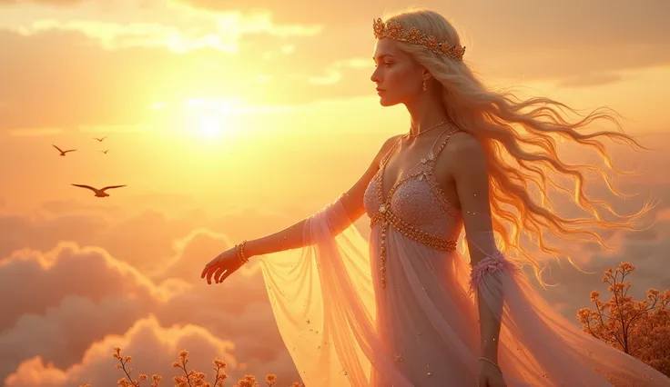 A stunningly ethereal depiction of the goddess of the dawn, emerging gracefully from the horizon. She has an elegant and slender figure with radiant, perfect features that exude celestial beauty. Her long, flowing hair cascades like streams of light, blend...