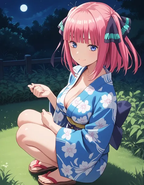 score_9, score_8_up, score_7_up, source_anime, ninonakano, nino nakano, short hair, bangs, blue eyes, hair ornament, hair ribbon, pink hair, blunt bangs,two side up, butterfly hair ornament, large breasts. cleavage, small breasts,  night, grass, squatting,...