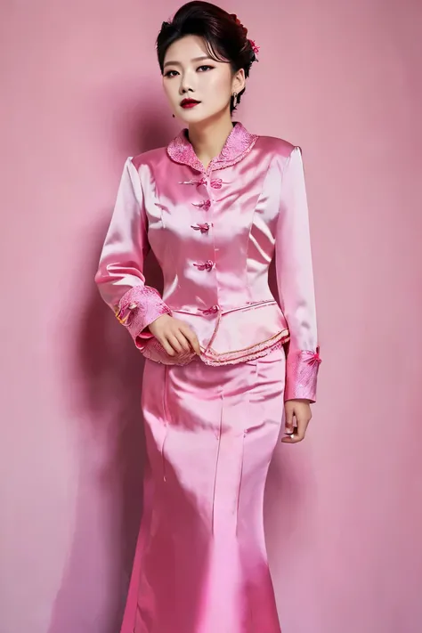 A Korean man in ladies vintage suit dress, big breast like a woman, slender female body, His hairstyle is short and manly, pink, satin, long sleeves, short jacket, mermaid skirt, silk