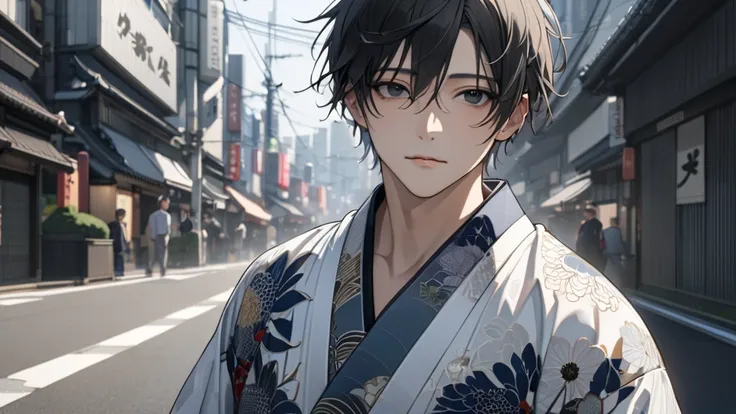 Japanese, 23-26, Handsome man,  fair skin, black eyes（thin eyes 1：3), (Super detailed, best quality, 4K, High resolution, masterpiece:1.3)  ，Japan, tokyo as background 