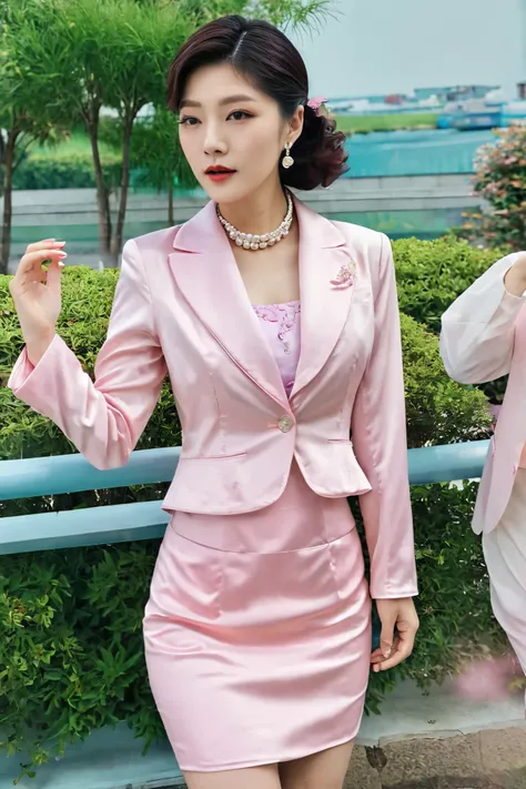 A Korean man in ladies vintage suit dress, big breast like a woman, slender female body, His hairstyle is short and manly, pink, satin, long sleeves, short jacket, mermaid skirt, silk