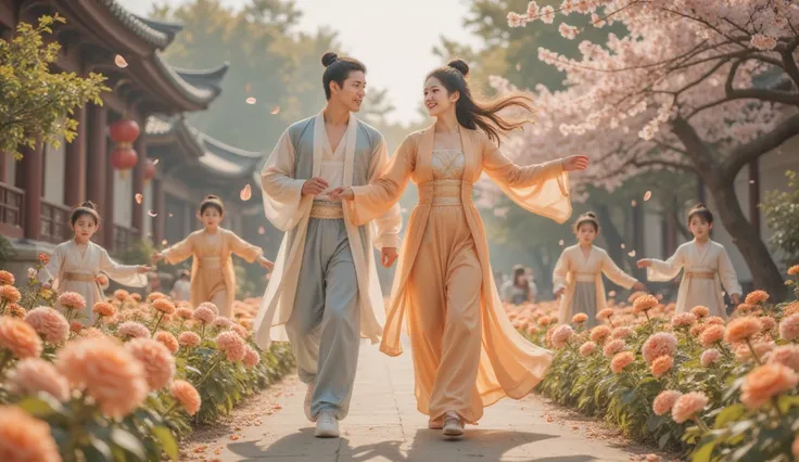 Tang Dynasty，Two people，the girl is wearing Hanfu，Boy chasing girl ，Two people在花丛中欢笑。Children can be shown chasing and laughing through quick clips，Increase the dynamics of the picture。