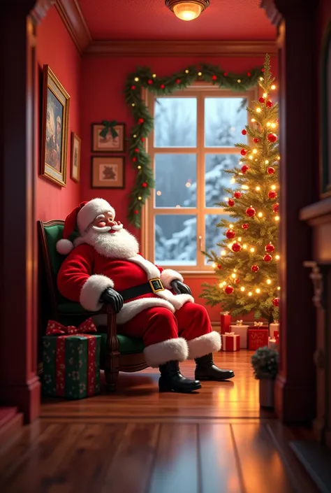 Santa Claus sitting in a red hallway next to a fireplace with a Christmas tree and behind a window with a wooden floor 