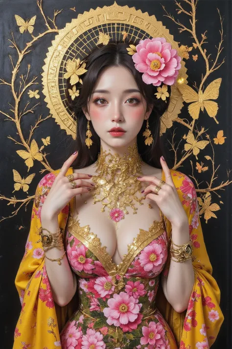 collage painting, many robot geishas, wires, buttons, circuits, vines, twigs, nature, science, dramatic, sexy, romanticism, cyberpunk, neo-classical, experimentalism, baroque, impressionism, expressionism, unexplained beauty, avant garde, art deco, art nou...