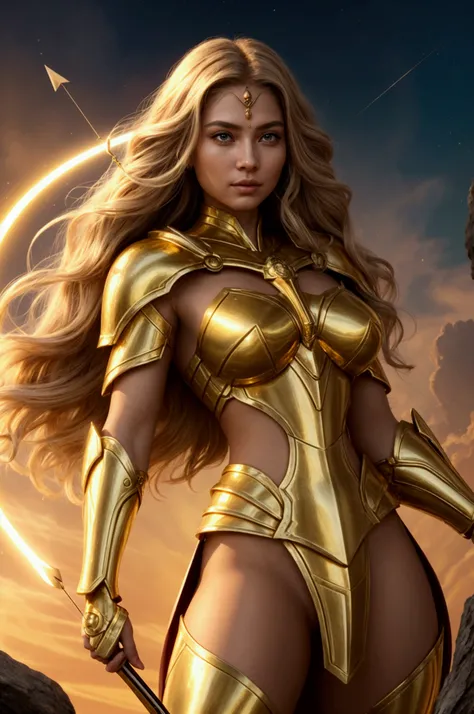 " A radiant and unbeatable warrior woman ,  personifying the light and power of Apollo .  Her hair is golden and flows like rays of sunlight ,  with threads that shine with an almost divine intensity .  Her eyes are clear and penetrating blue ,  like the s...