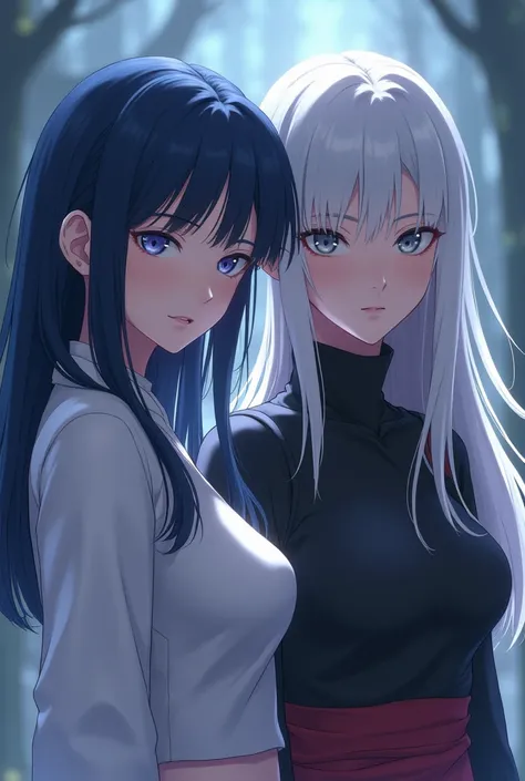 A beautiful, highly detailed portrait of Hinata Hyuga and Tsunade the Fifth Hokage, ultra-realistic, photorealistic, cinematic lighting, intricate facial features, striking poses, vivid colors, dramatic atmosphere, ethereal, fantasy, concept art style