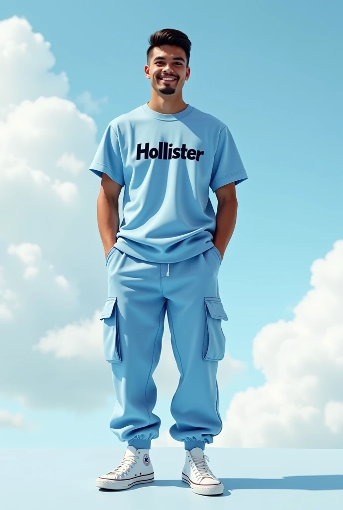 A Latino man dressed in a light blue t-shirt with the word Hollister in the center in black, sky blue Jogger cargo pants and white Converse shoes