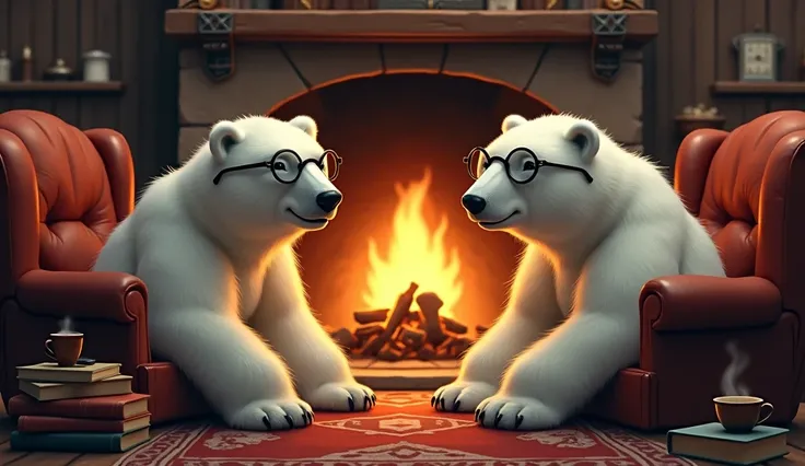 Polar bears with glasses sitting in front of a fireplace 