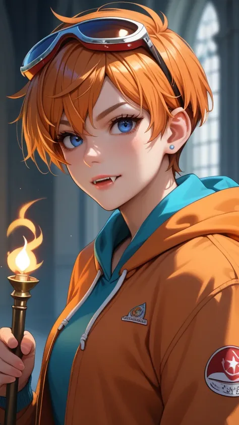 Score_9, Score_8_up, Score_7_up, Score_6_up, Score_5_up, Score_4_up, Source_anime, Tag1, Tag2, Quality_masterpiece, Anatomically correct, Detailed skin, 1girl, orange hair, pixie cut hair, orange Parka jacket, hoodie on head, blue eyes, Little fangs, Holdi...