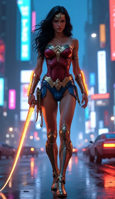 A full body view of a sexy Wonder Woman in a neon-lit cityscape, surrounded by holographic billboards, towering skyscrapers, and sleek vehicles. Her armor is sleek and futuristic, adorned with glowing blue and gold lines resembling neon circuits. Her Lasso...