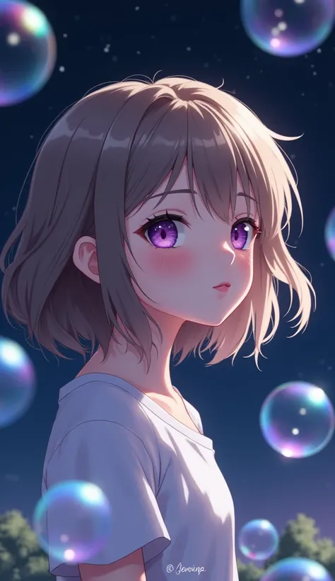 An anime-style girl with light brown hair and purple eyes blows bubbles under the starry sky