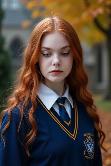 elle fanning com uniforme de hogwarts da corvinal. with long red hair,  pale white skin , and blue eyes. em hogwarts no outono. foto tumblr aesthetic cozy cute