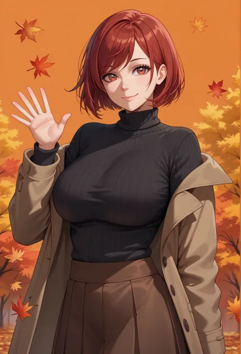 score_9, score_8_up, score_7_up,  1girl, autumn, autumn leaves, black sweater, bob cut, breasts, brown coat, brown skirt, closed mouth, coat, large breasts, leaf, leaf background, long sleeves, looking at viewer, medium hair, off shoulder, orange backgroun...