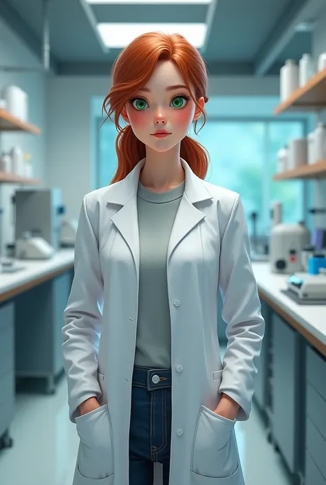 I want an image of a  girl with green eyes in a lab coat 