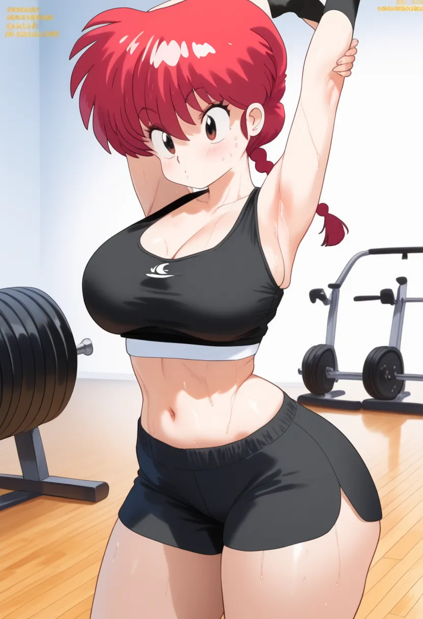 ranma saotome , red hair, braided hair, big boobs, nsfw, abdomen sexy, beautiful face, pose sexy,  beautiful woman, fullbody, wo...