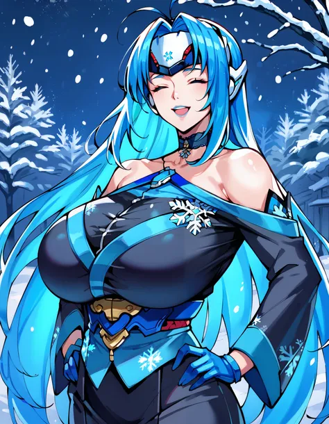 score_9, score_8_up, score_7_up, 1girl, milf, solo, kos-mos re xb2, (huge breasts:1.6), (((blue hair), very long hair, parted bangs, long sidelocks, closed eyes)), blue lips, ((hairband, choker, bare shoulders, black kimono, snowflake print, blue gloves)),...