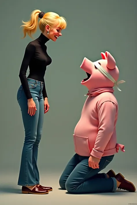 a laughing blonde woman in jeans and black turtleneck standing confidently laughing at a blindfolded man on his knees.   He wears a cheap halloween pig costume.