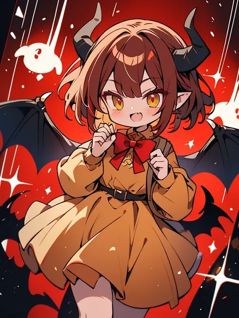 Demon woman, light-pale-skin, brown curly-hair, red bowtie, green eyes. horns, demon tail, bat wings, yellow dress with long sleeves. >:D. (anime), (devilish), (HD, 4k, best quality.)