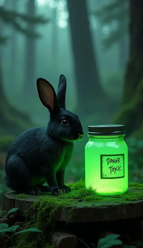 Here’s the revised prompt with the rabbit:  

**Modified Prompt:**  
"A curious black rabbit examining a glowing green toxic jar with a danger sign, placed on a moss-covered wooden platform in a dense forest, cinematic composition, photorealistic details, ...