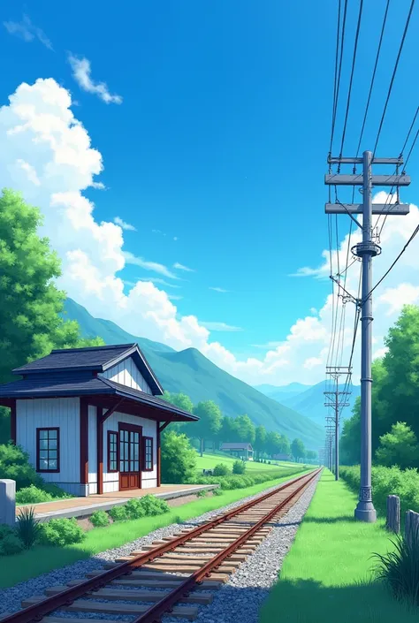 This image depicts a serene rural train station, likely inspired by Japanese countryside aesthetics. Its vibrant colors and clean, tranquil setting suggest a peaceful summer day, with clear skies, lush greenery, and railroad tracks leading into the distanc...