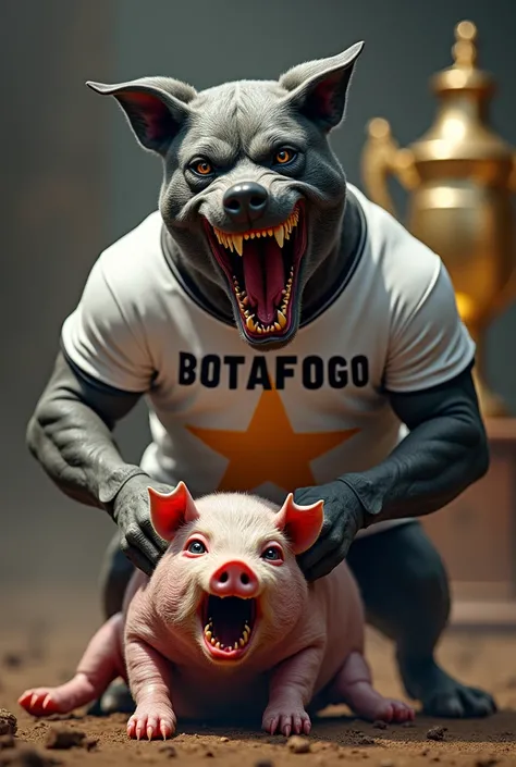 A gray dog devouring a pig , And the dog in the white shirt written Botafogo in black and with a yellow star and a champions cup in the background of the image 