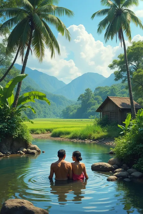 create a image. realistic. Beautiful rice field painting, Rocky River, A bald Indonesian man 35 years and his wife in a long hijab soak and chat in the water, banana tree, coconut tree, Wooden house with tin roof, Mountain view, art, Hot Topics in the CG C...