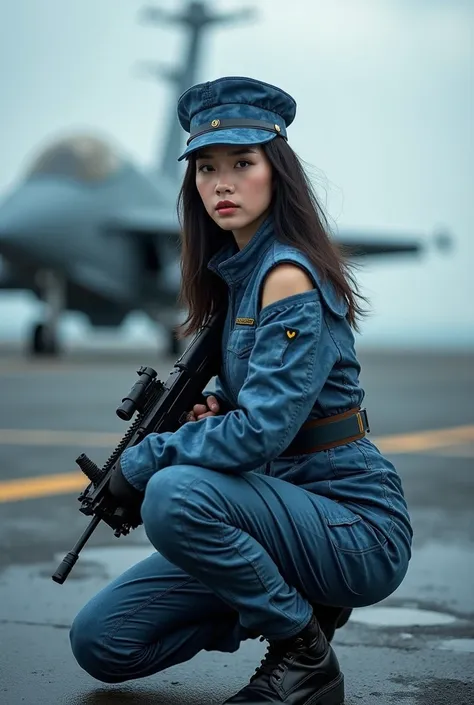 Best quality, masterpiece, ultra high res, (photorealistic:1.4), raw photo, 1girl, chinese girl, cinematic lighting, modern blue camo military uniform, ((off shoulder, single bare shoulder)), holding a MP7 SMG, squating, beach, aircraft carrier, hovercraft...