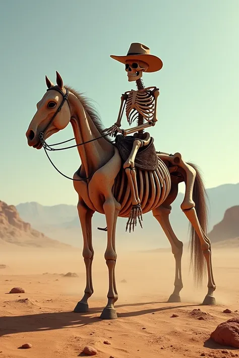 Skeleton horse at the desert with a skeleton wearing a cowboy hat on top