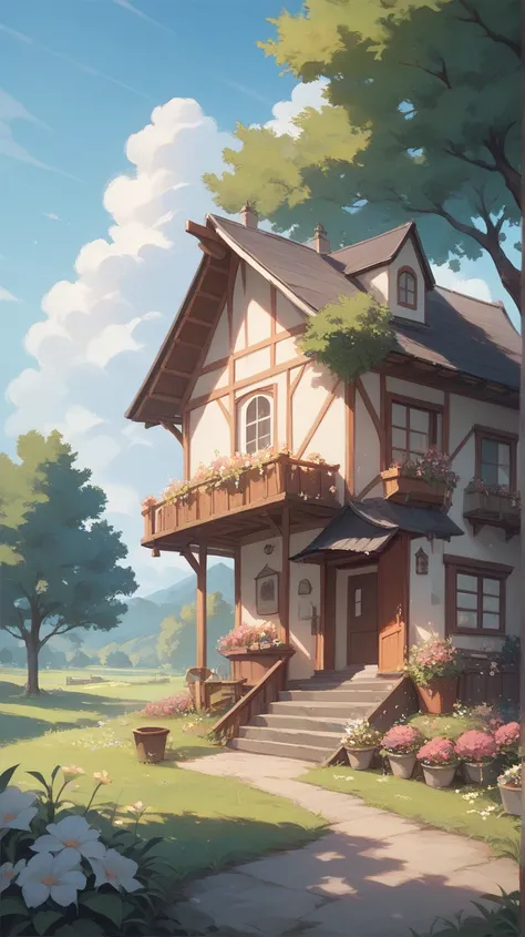 Painting of a house in a field with a tree and,  flowers Cyril, anime style