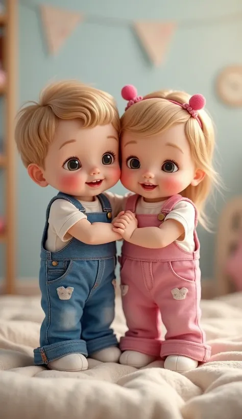 create an image of twins, a boy and a girl,  babies hugging each other and wearing denim overalls, the boy in blue overalls and the girl in pink overalls, their appearance needs to be cute and with Amerecian characteristics and the ren need to be in their ...