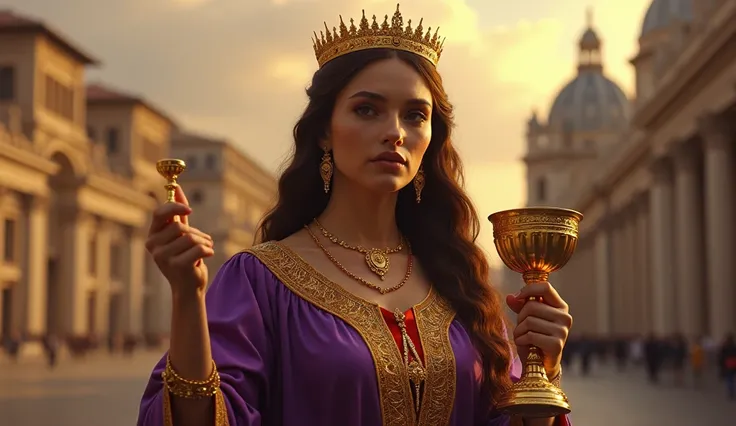 woman with golden chalice in hand, full body, long hair with gold on her head, jewelry, bracelets, earrings, necklaces, all in the purest gold, her purple robe with scarlet details, in the background the Vatican, (raw photo) (absurd resolution), masterpiec...