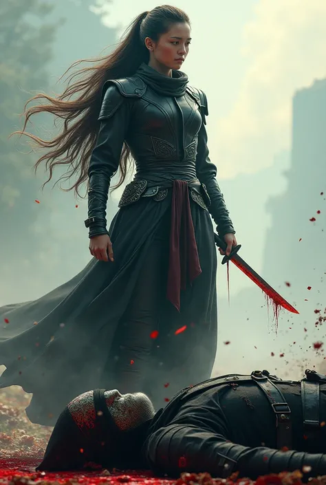 Hight quality, realistic, very beautiful woman, woman Soldier heaven, male neck bloody splashed, mal e ninja full face mask, male hoodie, male die, woman very thick hair, ninja very bloody in neck, woman cut neck ninja by knife, ninja worship to woman