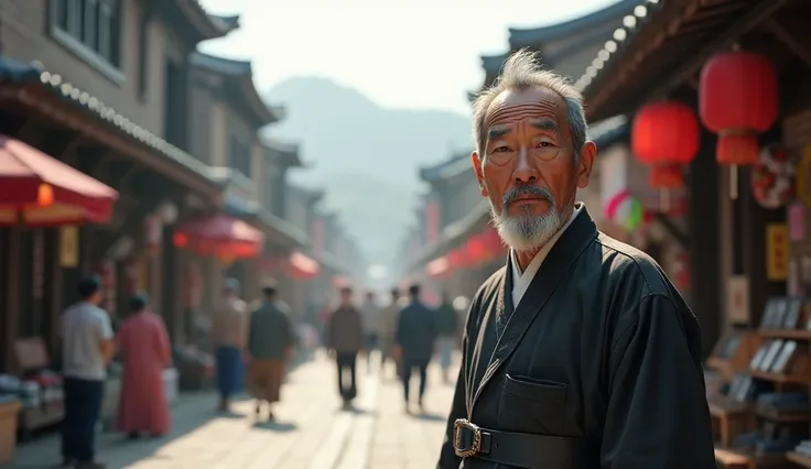 Generate an ultra-realistic image of an older Asian man close to the image on a Korean road full of buildings alone on the right side