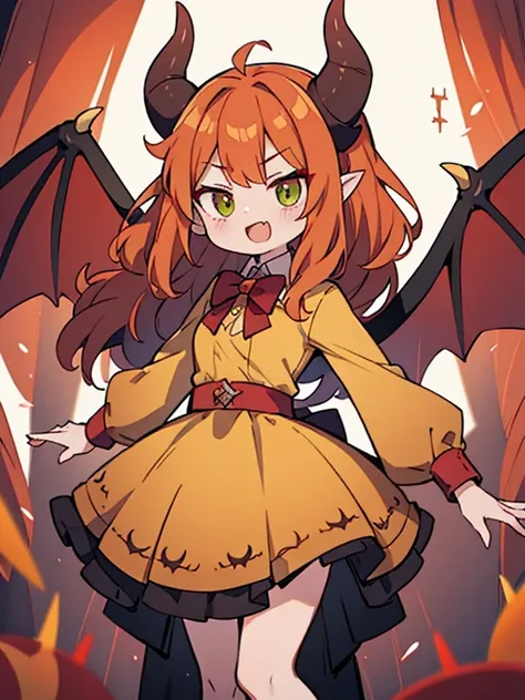 Demon woman, light-pale-skin, brown curly-hair, red bowtie, green eyes. horns, demon tail, bat wings, yellow dress with long sleeves. >:D. (anime), (devilish), (HD, 4k, best quality.)