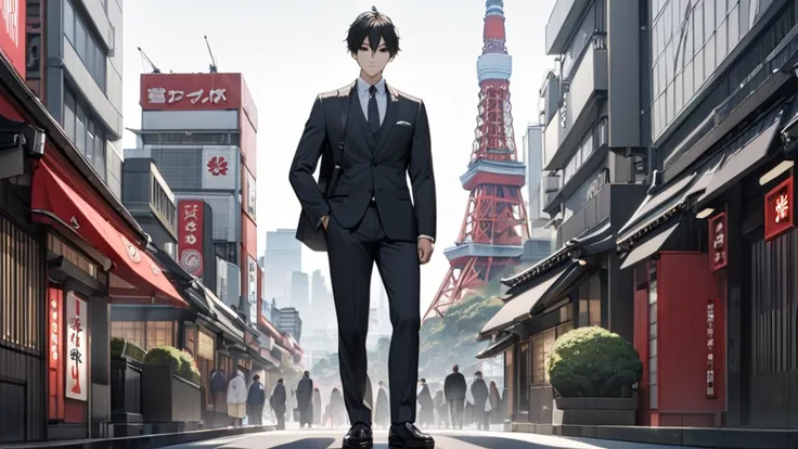 Japanese, 23-26, Handsome man,  fair skin, black eyes（thin eyes 1：3), (Super detailed, best quality, 4K, High resolution, masterpiece:1.3)  ，Japan, tokyo tower as background, full Body, suit