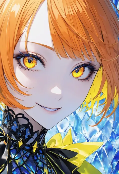  cool adult woman 、 short orange hair and neon yellow eyes、Blue gothic idol style dress 、diffuse ice background 、Staring with a wicked smile 、( face close-up)